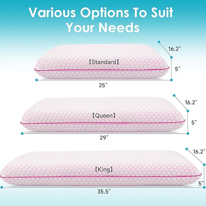 Memory Foam Pillows for Side, Back and Stomach Sleepers, Set of 2, Bed Pillow with Washable Cover and Breathable Mesh, Bed Pillow for Sleeping (Pink，King Size)