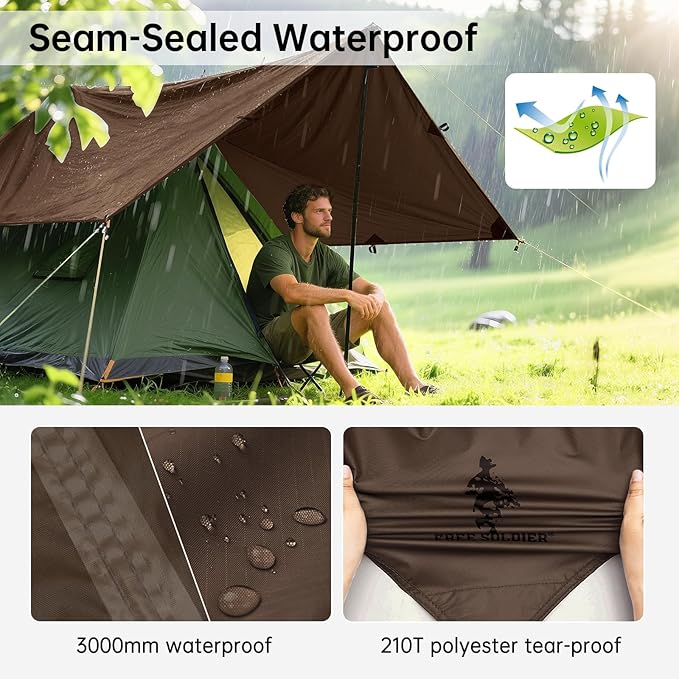 FREE SOLDIER Camping Tarp Waterproof Portable Multifunctional Outdoor Traveling Awning Backpacking Shelter Rain Tarp (Taupe 10×10.5ft)