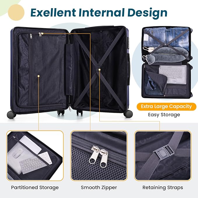 Hoteel 5 Piece Luggage Set (4-YEAR WARRANTY) ABS+PC Hardshell Carry on Suitcase with Spinner Wheels & TSA Lock for Men and Women, Rolling Suit Case for Plane, Travel, Dark Blue (20/24/28/DB/TB)