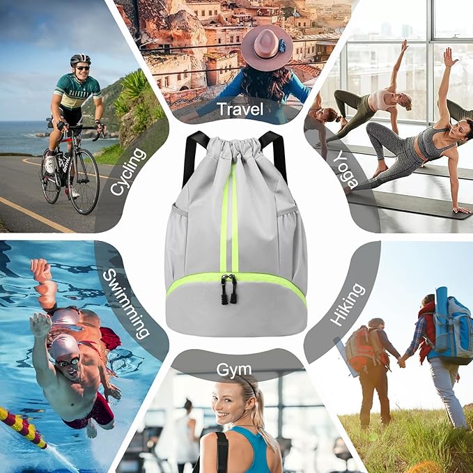 Hoedia Sports Drawstring Backpack - String Swim Gym Bag with Shoes Compartment and Wet Proof Pocket for Women&Men