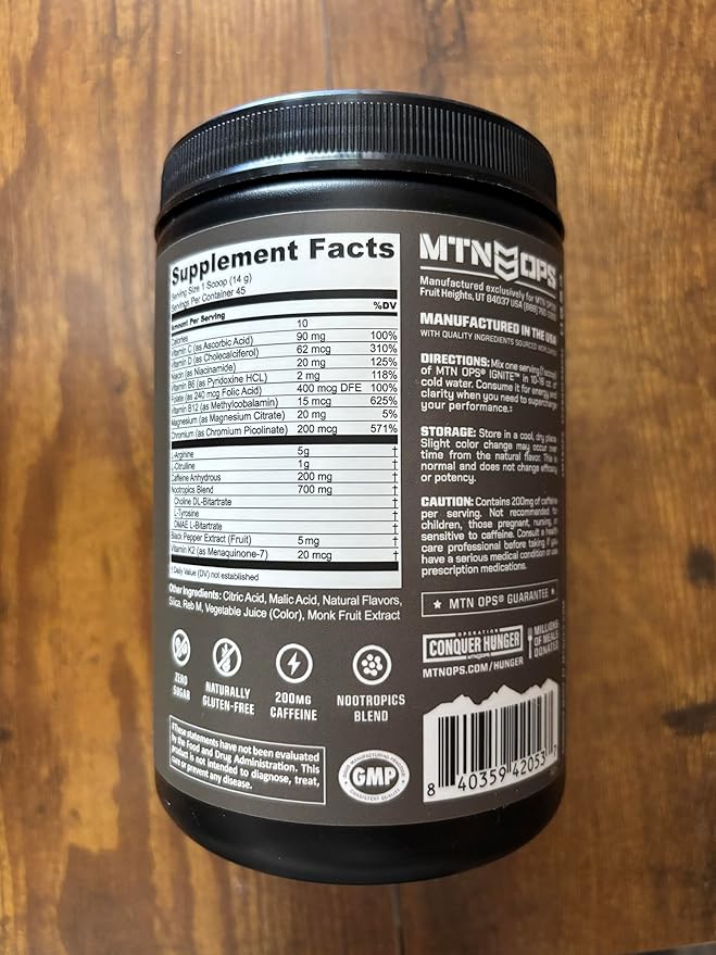 MTN OPS Ignite Energy Drink Powder, Naturally Gluten Free & Sweetened with Monk Fruit, Nitric Oxide Supplement Drink Mix, Caffeine & Nootropic Sugar Free Drink Mix, 45 Servings, Peach Lemonade