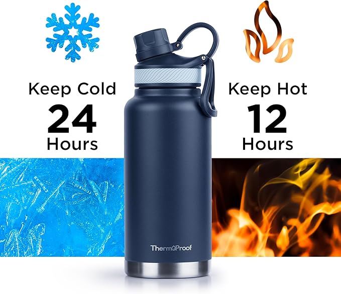 ThermoProof Double-Walled Vacuum Insulated Stainless Steel Water Bottle - Wide Mouth Canteen, Spout & Straw Lids, Dishwasher Safe, Reusable, Leakproof, Hot & Cold for Men, Women & Kids - 32oz, Navy