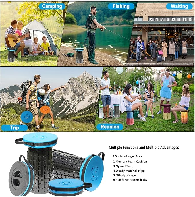 ALEVMOOM Upgraded 19.7" Portable Collapsible Folding Stool Retractable Telescoping Foldable Stool for Adults Heavy Duty Camping Sturdy with Max Load Capacity 1000lbs for Outdoor Fishing Hiking BBQ