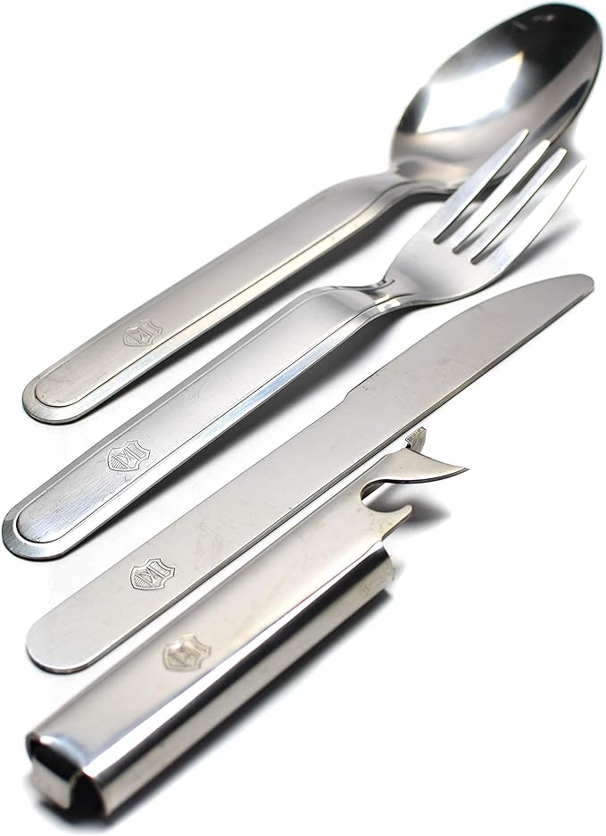 Original Hungarian army cutlery set 4 pieces. Eating utensils military issue spoon fork knife kit flatware multi-tool Camping bottle can opener stainless steel NEW