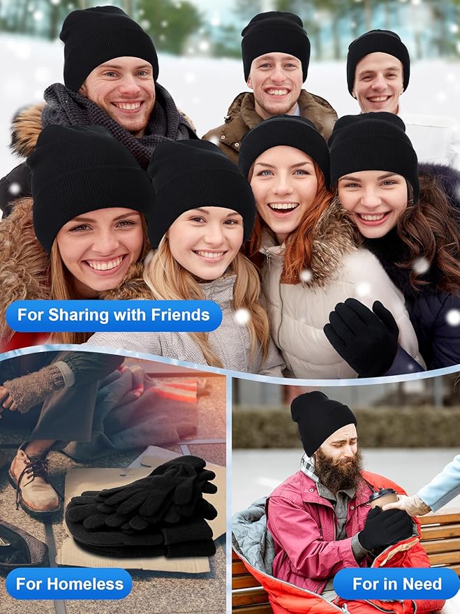 Suhine 200 Pieces Winter Beanies Gloves Sets Include 100 Black Warm Knitted Hats Bulk and 100 Gloves for Men Women Homeless