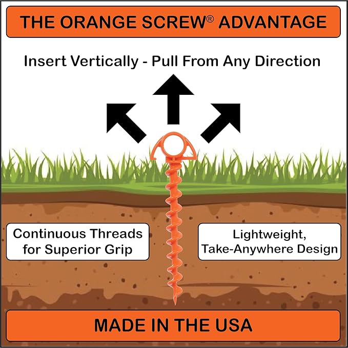 Ultimate Ground Anchors: Heavy Duty Screw-in Tent Stakes for High Wind, Sand, Canopies, and Camping - Made in USA, Included T-Grip Tool - (Small, Single Pack, Orange)