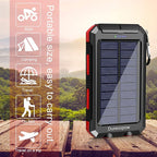 Solar Charger Power Bank, 20000mAh Portable Outdoor Waterproof Solar Battery Charger, Camping External Backup Battery Pack USB C Ports Input/Output, 2 Led Light Flashlight with Compass (Red)