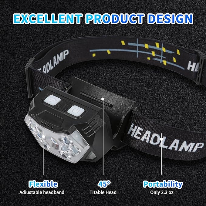 Headlamp,Ultra-Light Bright LED Headlight with White Red Light, Waterproof Motion Sensor Head Lamp,9 Light Modes for Outdoor Camping Fishing Running Working