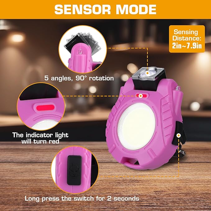 EverBrite 2 Pack COB Keychain Work Light, Mini Rechargeable Magnetic Keychain Light, Sensor Mode, Multifunctional Small Keychain Flashlights, Portable, Waterproof, for Camping, Hiking, 6 Modes, Pink