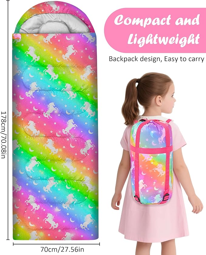 Kids Sleeping Bag for Kids Girls, 3 Season Warm Cool Weather Waterproof Lightweight Camping Sleeping Bag with Carry Bag for Indoor Outdoor Camping Hiking Traveling