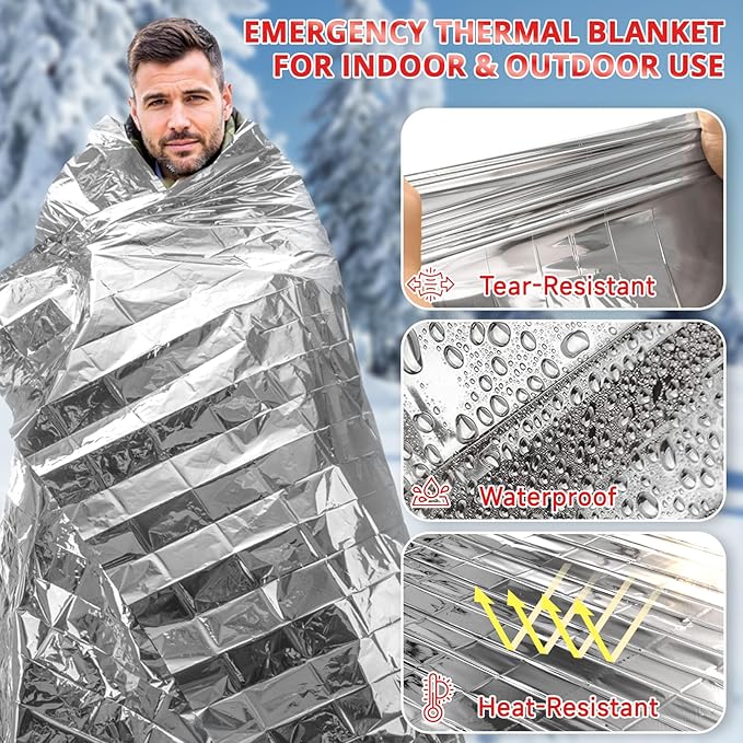 SecuCaptain Survival Emergency Thermal Blankets: 100 Pack Extra Large 84” x63” Space Mylar Blanket Kit for Outdoor Cold Winter Camping Hiking Car Bug Out Bag or First Aid
