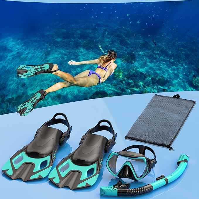 Snorkeling Gear for Adults, Mask Fin Snorkel Set, Dry Top Snorkel, Snorkeling Kit Travel Diving Package, Panoramic View Anti-Fog Anti-Leak Adjustable Swim Fins
