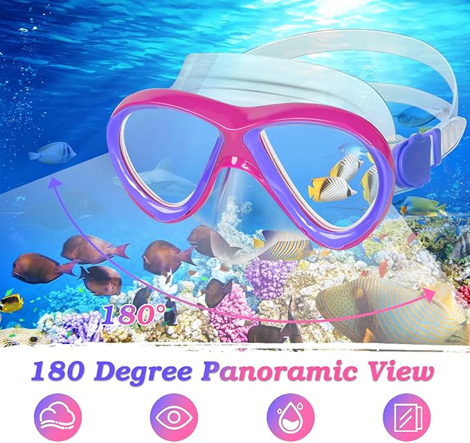 Snorkeling Gear for Kids Ages 5-15, 4 in 1 Mask Fins Snorkel Set with HD Tempered Glass Panoramic View Anti-Fog Mask, Dry Top Snorkel, Adjustable Trek Fins, and Mesh Bag, Kids Snorkel Set for Youth