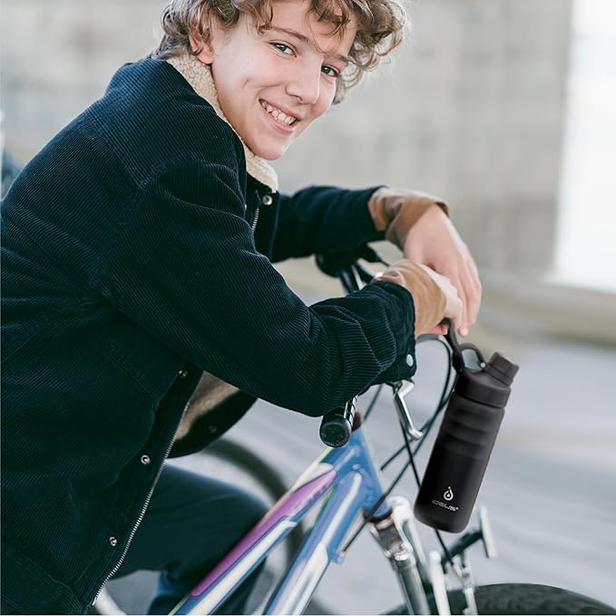 IDEUS Insulated Stainless Steel Water Bottle with 2 Leak-Proof Lids, Thermal Water Flask for Hiking Biking, 18oz, Black