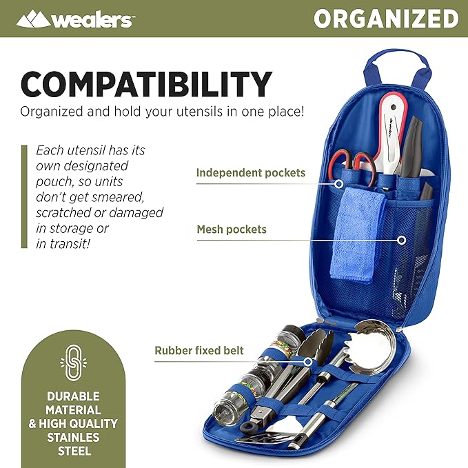 Camp Kitchen Cooking Utensil Set Travel Organizer Grill Accessories Portable Compact Gear for Backpacking BBQ Camping Hiking Travel Cookware Kit Water Resistant Case