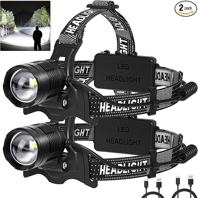 LED Headlamp Rechargeable 2Pack, 99000 Lumens Bright Head Lamp, 90° Adjustable Head Lights for Forehead with 3 Modes, Long Runtime & Waterproof Headlamps for Adults Camping Hiking