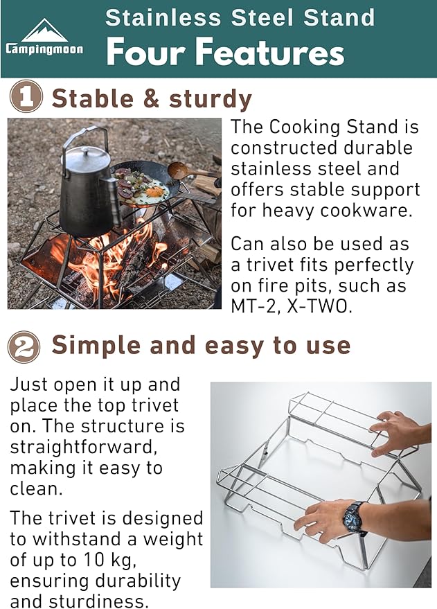CAMPINGMOON Collapsable Cooking Stand Trivat Stainless Steel for Campfire Open Fire Camping Outdoor MT-3-ST