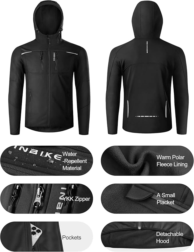 INBIKE Hooded Cycling Bike Jacket Men Running Biking Windbreaker Reflective Windproof Thermal Fleece Lined Bicycle Coat