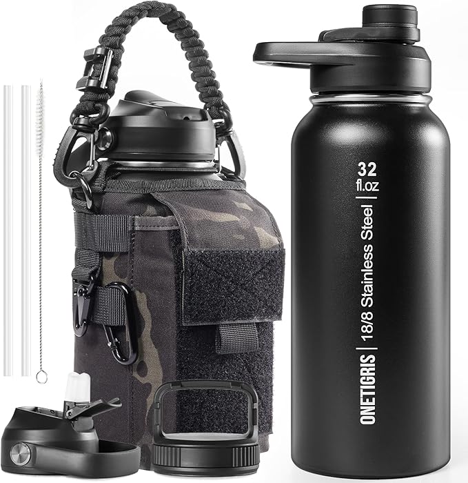 ONETIGRIS 32 oz Insulated Water Bottle with Straw - Tactical Stainless Steel Water Jug, Leakproof Wide Mouth Sport bottle with 3 Lids and Sleeve for Travel, Gym, Camping, Hiking