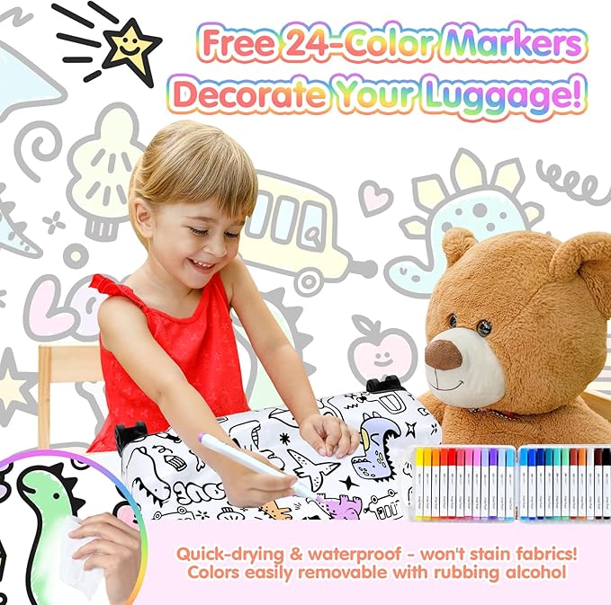 smilesun 20" Kids Ride On Luggage with DIY Coloring, Durable Lightweight Carry On Travel Suitcase with Spinner Wheels, TSA Lock