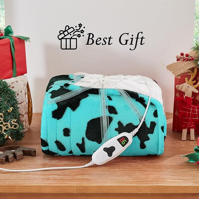 Cow Print Heated Electric Blanket Twin Size,62X84 Green Heating Blanket with 10 Heats Levels & 8 Hours Auto Off,Highland Cow Fleece Sherpa Blankets Warmer Gifts for Women Adults Couch,Washable,ETL