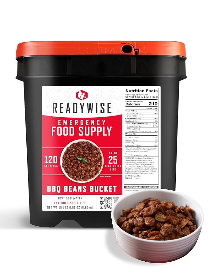 ReadyWise Emergency Food Supply - 120 Servings BBQ Beans Bucket, Freeze Dried Protein Meals, Camping Essentials, Ready to Eat, Survival Disaster Prepping Supplies, up to 25 Year Shelf Life