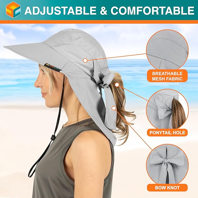 SUN CUBE Wide Brim Sun Hat with Neck Flap, UPF50+ Hiking Safari Fishing Hat for Men Women, Sun Protection Beach Hat