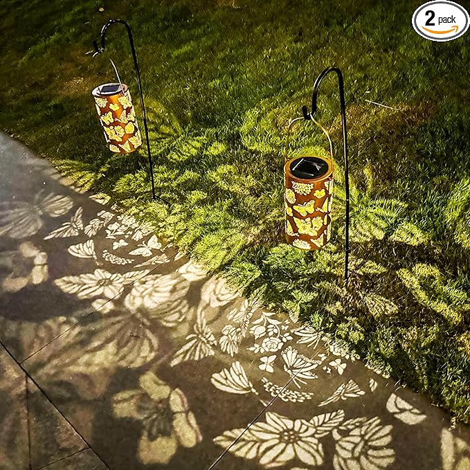 2 Pack Solar Lanterns Outdoor Waterproof Butterfly Birthday Gifts for Women Mom Grandma Garden Decor Flower Metal Hanging LED Decorative Light for Patio Yard Lawn Backyard Front Porch Gardening Gifts