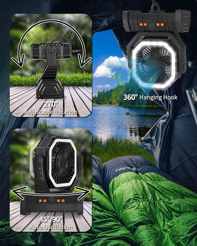 ADUST Portable Camping Fan Battery Powered Operated with LED Light 20000mAh Rechargeable Oscillating Fan with 360° Rotation Hanging Hook for Tents, USB Desk Fan for Bedroom, Office (Black)