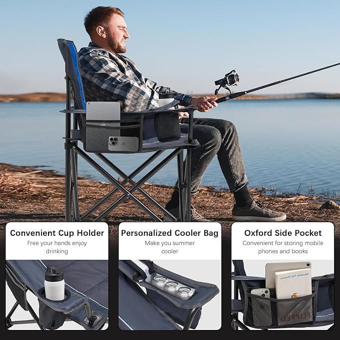 Oversized Folding Camping Chair for Adults - 450lbs Support - Heavy Duty Portable Lawn Chairs with Side Pocket Cup Holder Cooler Bag for Sports Garden Beach Fishing, Blue 2 Pack
