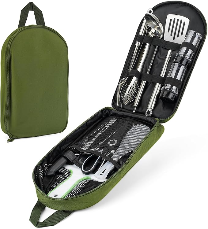Onlyfire Portable Camping Kitchen Utensil Set, 16 Piece Cookware Kit, Outdoor Cooking and Grilling Utensil Organizer Travel Set Perfect for Travel, Picnic, RV, Camping, Hiking, BBQ, Party, CT606