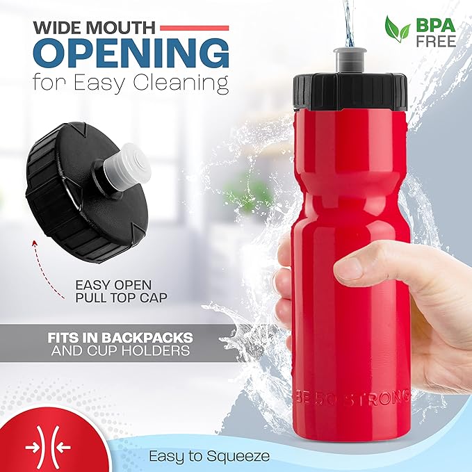 50 Strong Bulk Water Bottles | 24 Pack Sports Bottle | 22 oz. BPA-Free Easy Open with Pull Top Cap | Made in USA | Reusable Plastic Water Bottles for Adults & Kids | Top Rack Dishwasher Safe