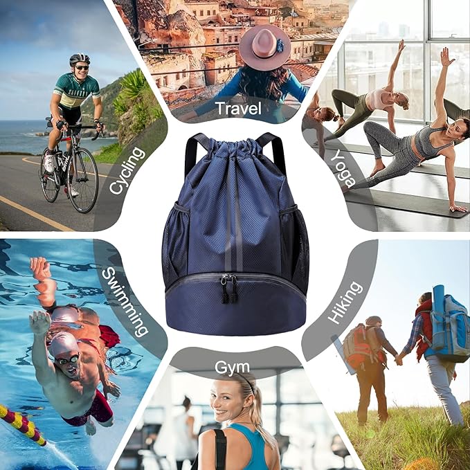 Hoedia Sports Drawstring Backpack - String Swim Gym Bag with Shoes Compartment and Wet Proof Pocket for Women/Men (Navy Blue)