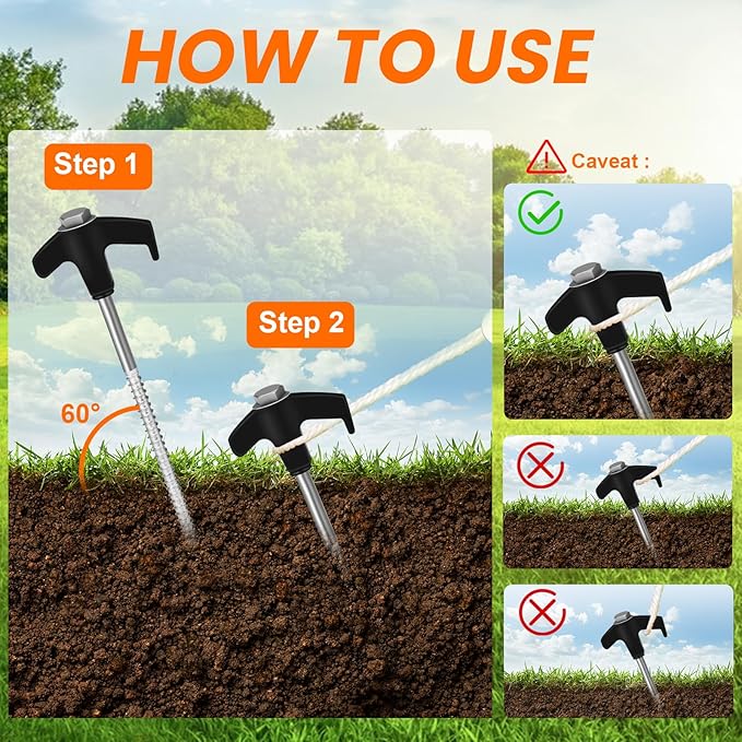 20 Pack 8" Screw in Tent Stakes Heavy Duty- Ground Anchors Screw- Tent Pegs Camping Stakes- Hex Pegs Drillable Tent Stakes and Hexagon Head Drive and Storage Box (Black)