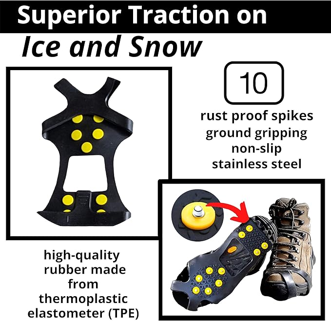 Ice Snow Traction Cleats - Lightweight Crampon Cleats for Walking on Snow & Ice - Anti Slip Grippers Fasten Quickly & Easily Over Footwear - Protable Grips for Shoes and Boots