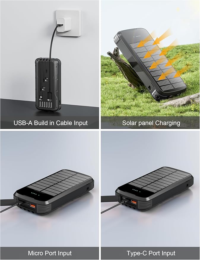 Solar Charger Power Bank, 40000mAh Portable Charger PD 20W Fast Charging Solar Power Bank Built in 4 Cables and USB-C in/Output, Camping Essentials External Battery Pack with Flashlights