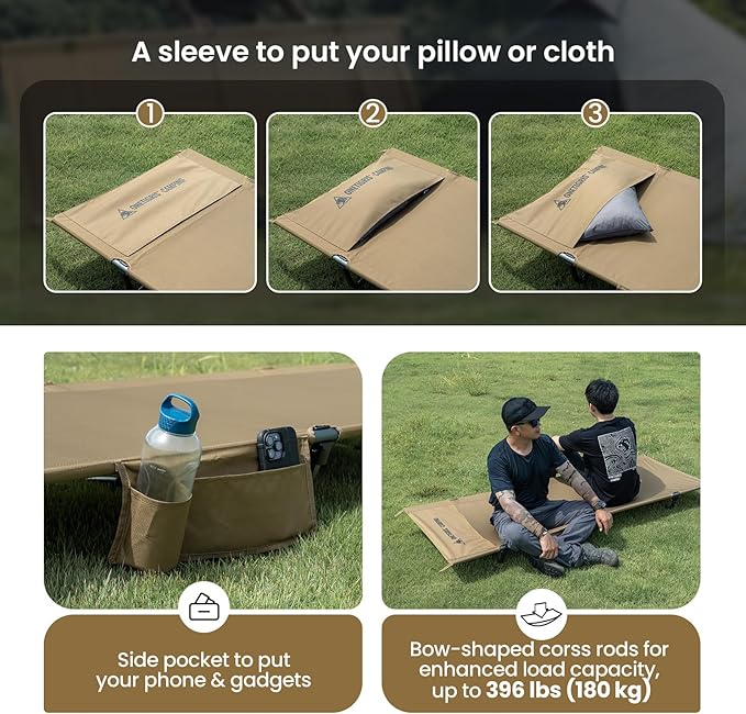 OneTigris SUPRAGRIS Camping Cot, Support Up to 400lbs, Lightweight Comfortable Folding Bed for Camping, Hiking, Backpacking, Travel, Car Trips, Office Nap