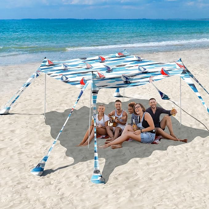 Rhino Valley Beach Tent Shade Canopy UPF50+ Protection, 8 Sandbags, 4 Stability Poles, Outdoor Sun Shelter Umbrella for Sand, Camping, Fishing Essentials