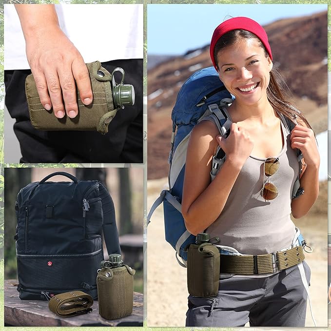 1 Quart Plastic Canteen Military Canteen Portable Military Water Bottle with Bottle Pouch Cotton Cover Bag and Waist Belt for Backpacking Hiking Camping Climbing Outdoor Activities