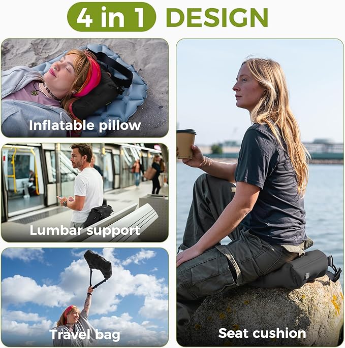 ATEPA 4-in-1 Travel Cushion, Ultralight Portable Inflatable Pillow Seat Cushion Neck & Back Support Travel Bag with Zippered Protection & Convertible Strap for Airplane Camping Backpacking