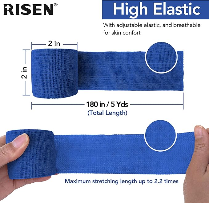 RISEN Cohesive Bandage 2” x 5 Yards, 6 Rolls, Self Adherent Wrap Medical Tape, Adhesive Flexible Breathable First Aid Gauze Ideal for Stretch Athletic