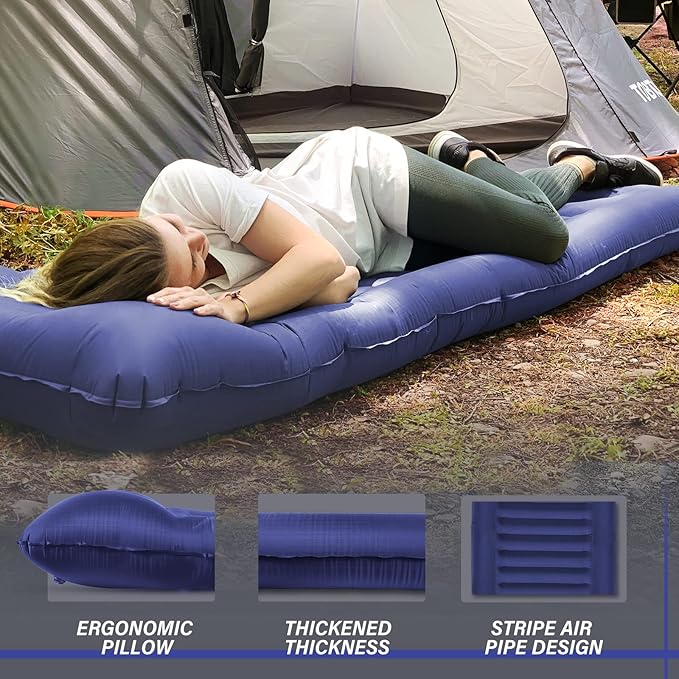 TOBTOS Inflatable Camping Sleeping Pad with Pillow, Thick 6 Inch Ultralight Sleeping Pad with Built-in Pump, Lightweight Sleeping Mat for Camping, Backpacking, Hiking, Tent (Blue)