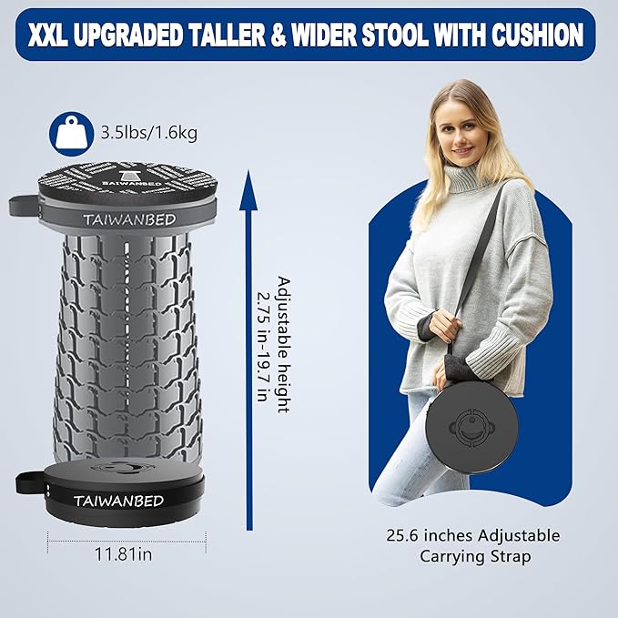 Upgraded XXL Taller 19.7" Wider 11.8" Collapsible Stool with Cushion,Adjustable Seat with Load Capacity 1000lbs, More Taller&Wider Portable Retractable Stool for Adults Camping Fishing Hiking BBQ