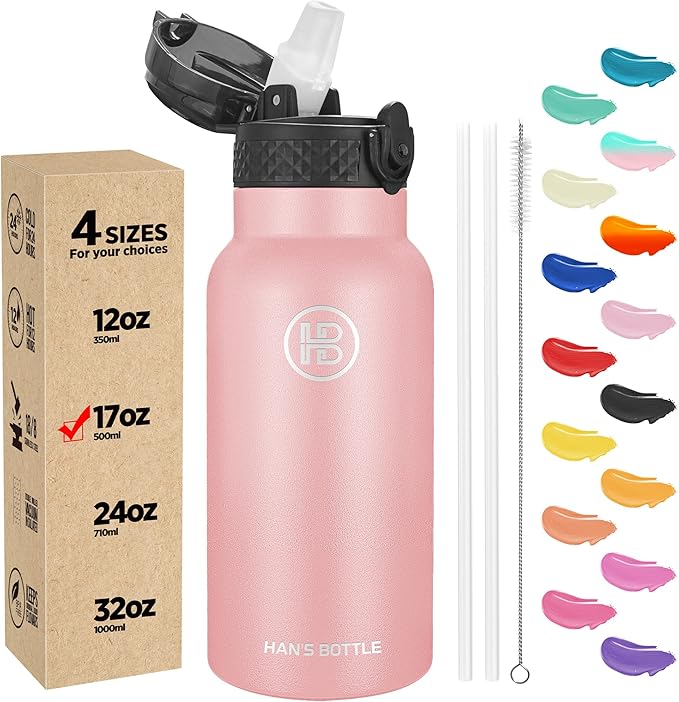 Han's Bottle Kids Water Bottle with Straw Lid - Insulated Stainless Steel Reusable Tumbler for Girls,Boys,Thermo Mug,17oz,Blush