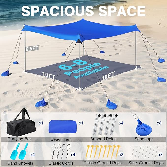 Rhino Valley Beach Tent Shade Canopy UPF50+ Protection, 8 Sandbags, 4 Stability Poles, Outdoor Sun Shelter Umbrella for Sand, Camping, Fishing Essentials