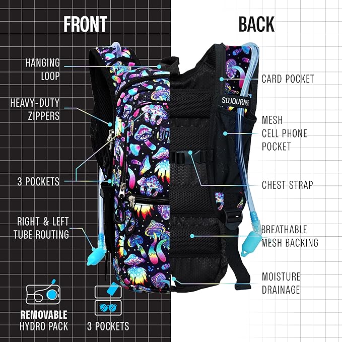 Sojourner Hydration Pack, Hydration Backpack - Water Backpack with 2l Hydration Bladder, Festival Essential - Rave Hydration Pack Hydropack Hydro for Hiking, Running, Biking, Festival Gear