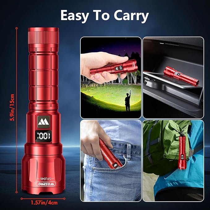 WdtPro LED Rechargeable Flashlight 2 Pack, Super Bright Zoomable 6000 Lumens Tactical Flashlight with LCD Digital Display, 3 Mode Waterproof Flash Light for Camping, Hunting & Home Emergency - Red