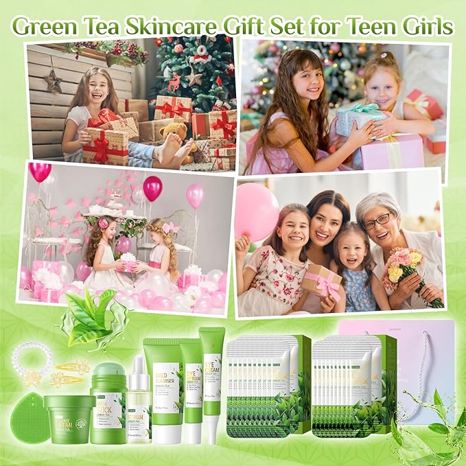 Green Tea Skin Care Set, Skincare for Girls 10-12, 51Pcs Skincare Gift Set for Teens Complete Skincare Routine, Travel Size Skincare Set with Hair Clips, Kids Skin Care Set for Girls Ages 8-12