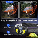 LED Headlamp Battery Powered, Headlight COB 2pcs 1500 Lumens, AAA Batteries Included, 7 Light Modes with Red Light, Headlamps IPX5 Waterproof Suitable for Camping, Jogging and Hiking