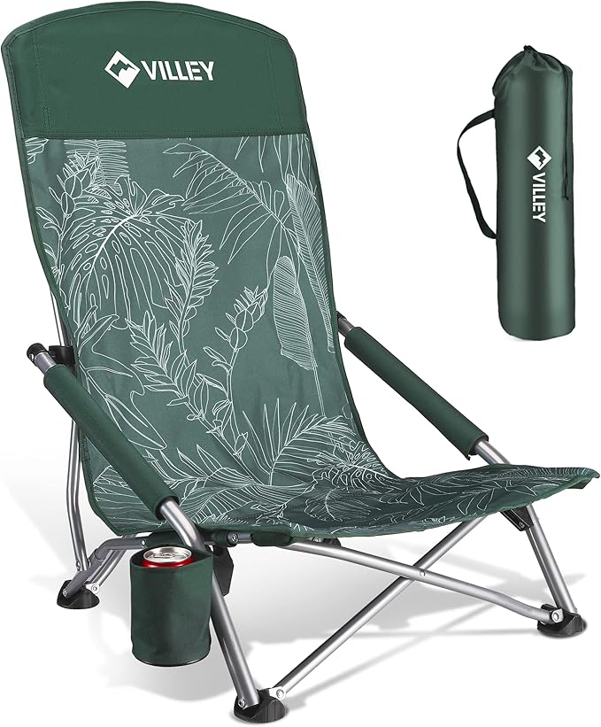 VILLEY Low Beach Chair, High Back Folding Adult Chair, Lightweight & Portable for Outdoor, Beach, Camping, Lawn, Music Festival, with Cup Holder & Carry Bag - Vintage Green Leaves